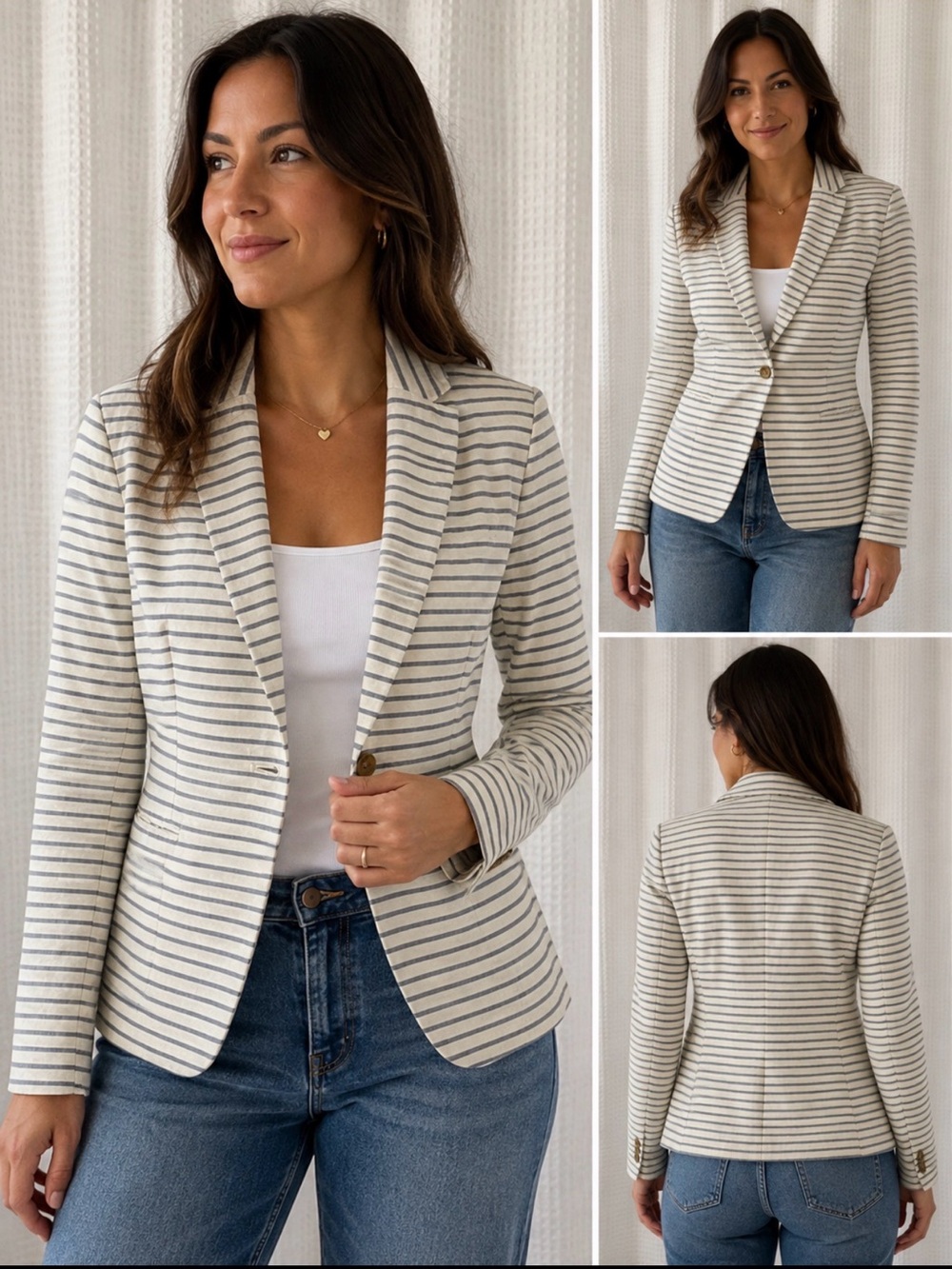 GAP Women’s Striped Unstructured Blazer White Chambray Blue Linen Cotton Size 6
